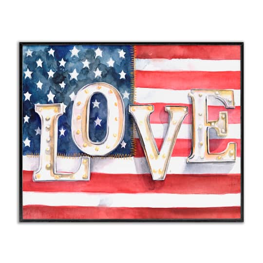 Stupell Industries Vintage Love Text Over Stitched American Flag Framed Giclee Art